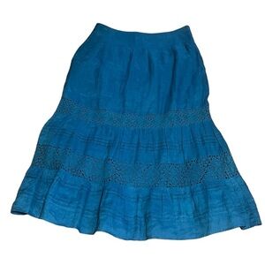 J. Jill cyan 100% linen prairie tiered crochet and lace maxi skirt cottagecore